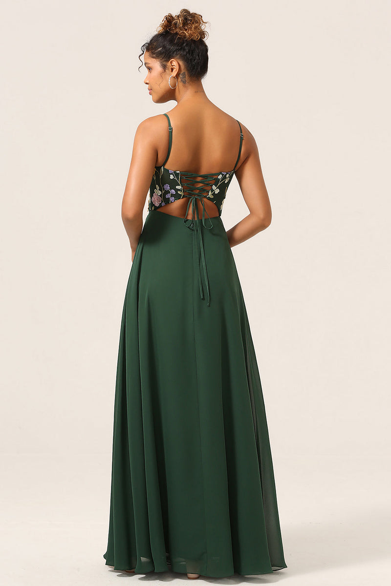 Load image into Gallery viewer, Beauty A-Line Spaghetti Straps Dark Green Long Bridesmaid Dress with 3D Flowers