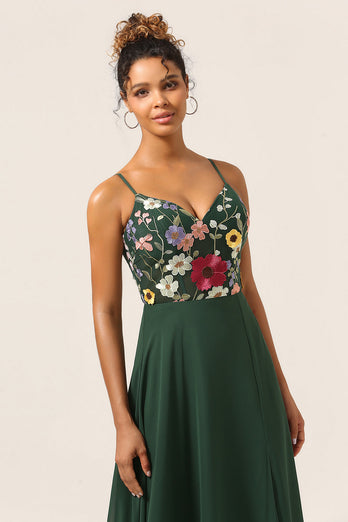 Beauty A-Line Spaghetti Straps Dark Green Long Bridesmaid Dress with 3D Flowers