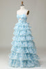 Load image into Gallery viewer, Spaghetti Straps Cut Out Tiered Printed Blue Bridesmaid Dress