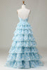 Load image into Gallery viewer, Spaghetti Straps Cut Out Tiered Printed Blue Bridesmaid Dress