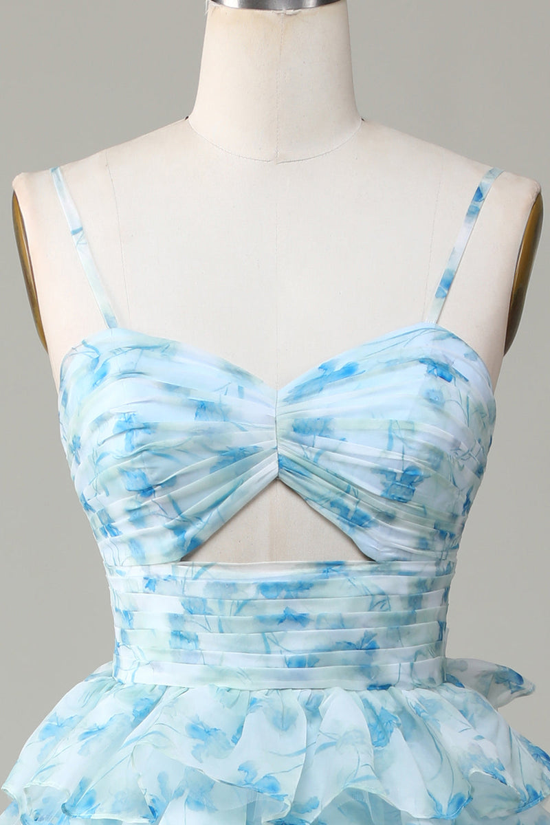 Load image into Gallery viewer, Spaghetti Straps Cut Out Tiered Printed Blue Bridesmaid Dress