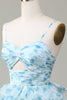 Load image into Gallery viewer, Spaghetti Straps Cut Out Tiered Printed Blue Bridesmaid Dress