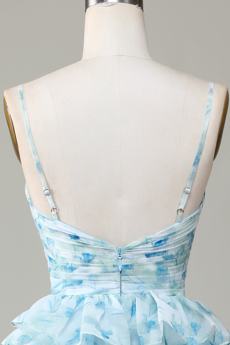 Load image into Gallery viewer, Spaghetti Straps Cut Out Tiered Printed Blue Bridesmaid Dress