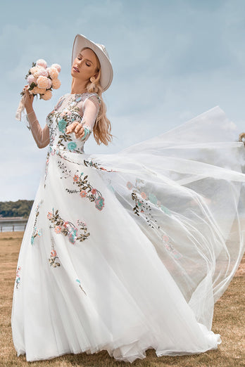 Gorgeous A Line Tulle Long Sleeves Long Ivory Wedding Dress with Embroidery