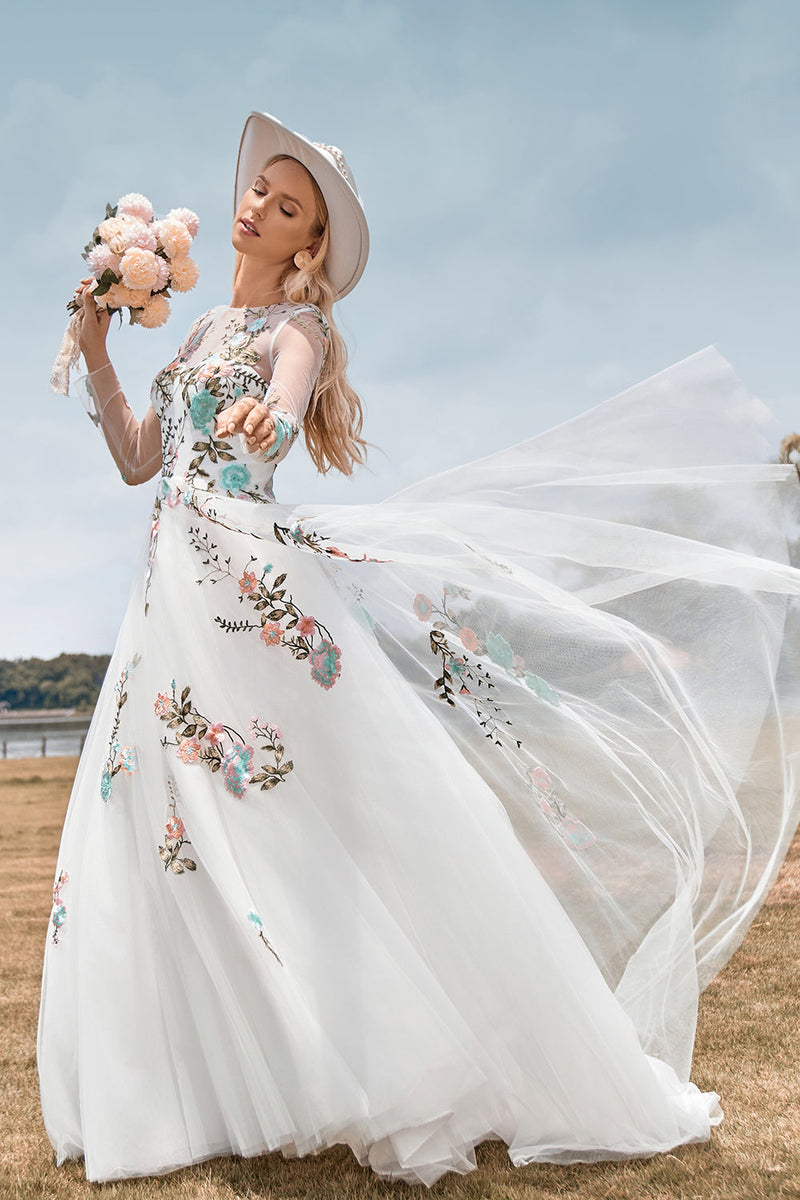 Load image into Gallery viewer, Gorgeous A Line Tulle Long Sleeves Long Ivory Wedding Dress with Embroidery