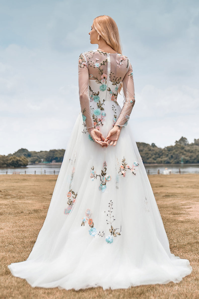 Load image into Gallery viewer, Gorgeous A Line Tulle Long Sleeves Long Ivory Wedding Dress with Embroidery