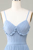 Load image into Gallery viewer, Dusty Blue Corset Spaghetti Straps Bridesmaid Dress With Criss Cross Back