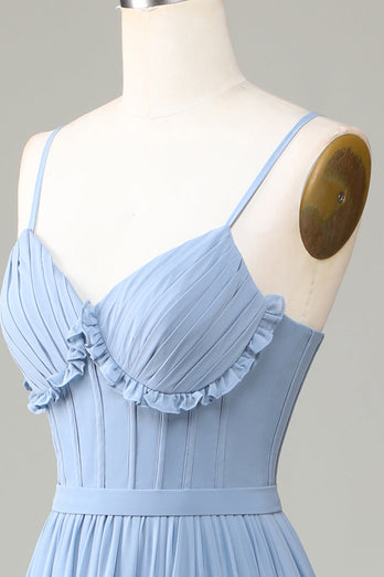 Dusty Blue Corset Spaghetti Straps Bridesmaid Dress With Criss Cross Back