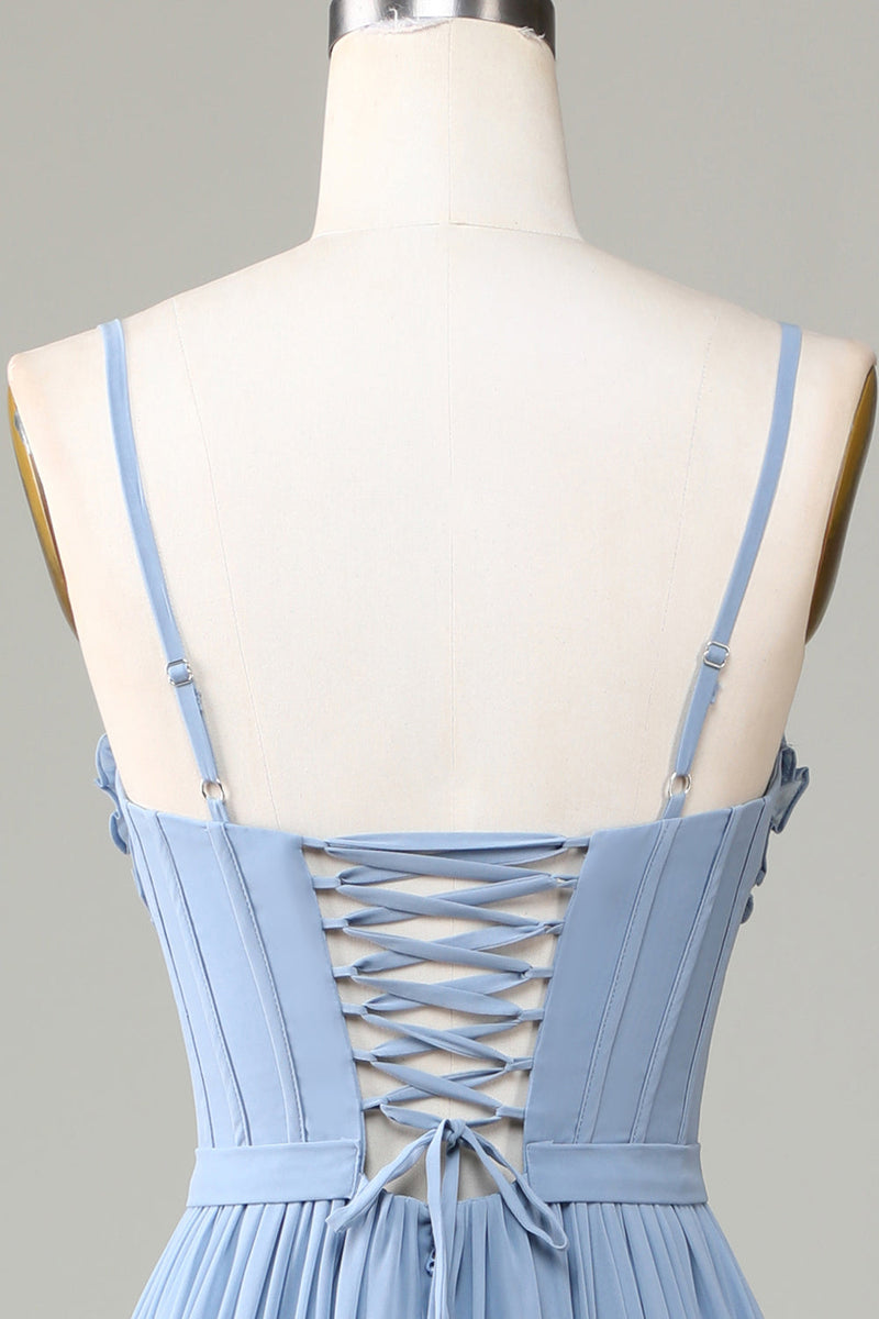 Load image into Gallery viewer, Dusty Blue Corset Spaghetti Straps Bridesmaid Dress With Criss Cross Back