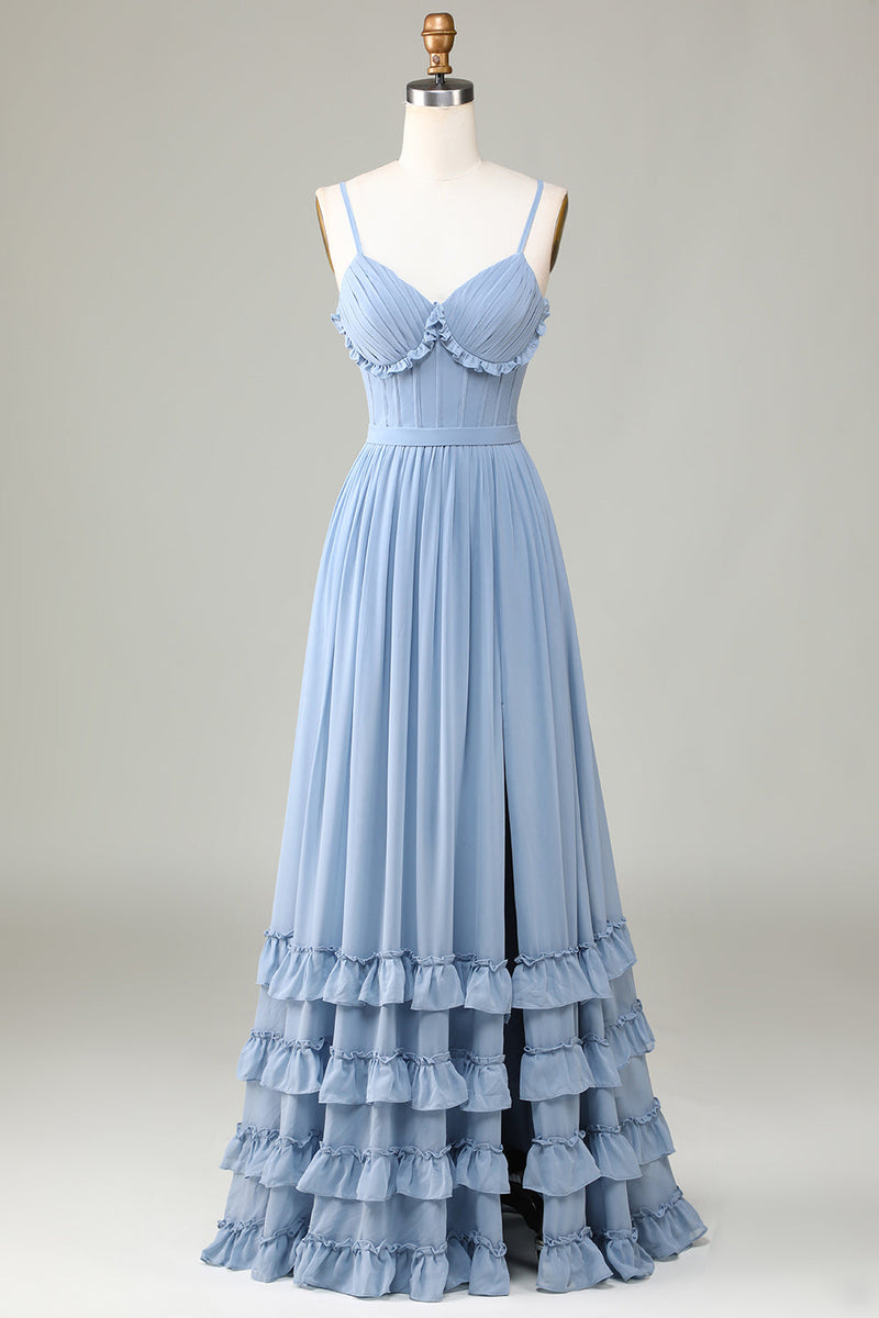 Load image into Gallery viewer, Dusty Blue Corset Spaghetti Straps Bridesmaid Dress With Criss Cross Back