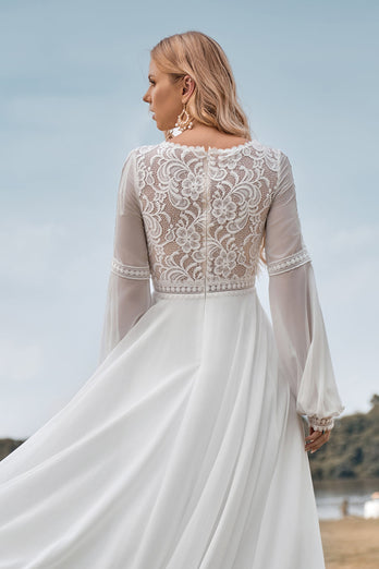 Long Sleeves Ivory A Line Wedding Dress with Lace