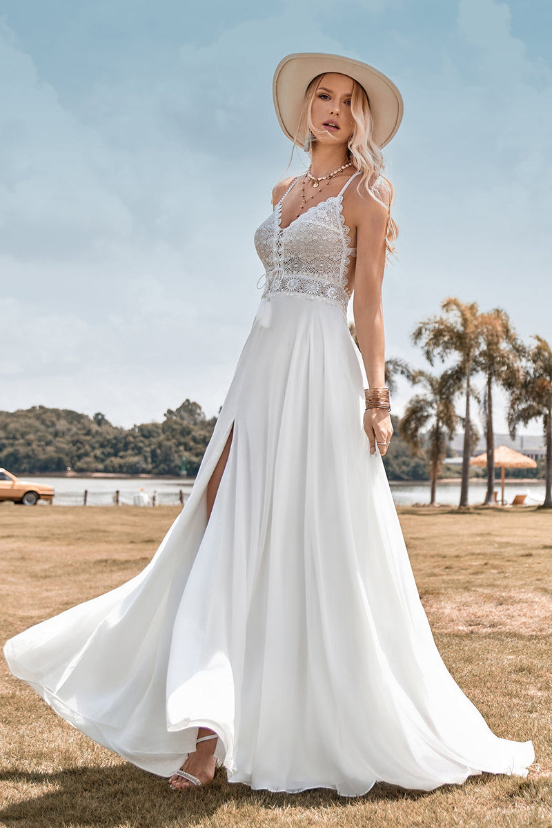 Load image into Gallery viewer, Lace Backless Spaghetti Straps Boho Wedding Dress with with Slit