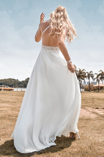 Lace Backless Spaghetti Straps Boho Wedding Dress with with Slit