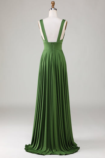 Deep V-neck Sleeveless Long Olive Bridesmaid Dress