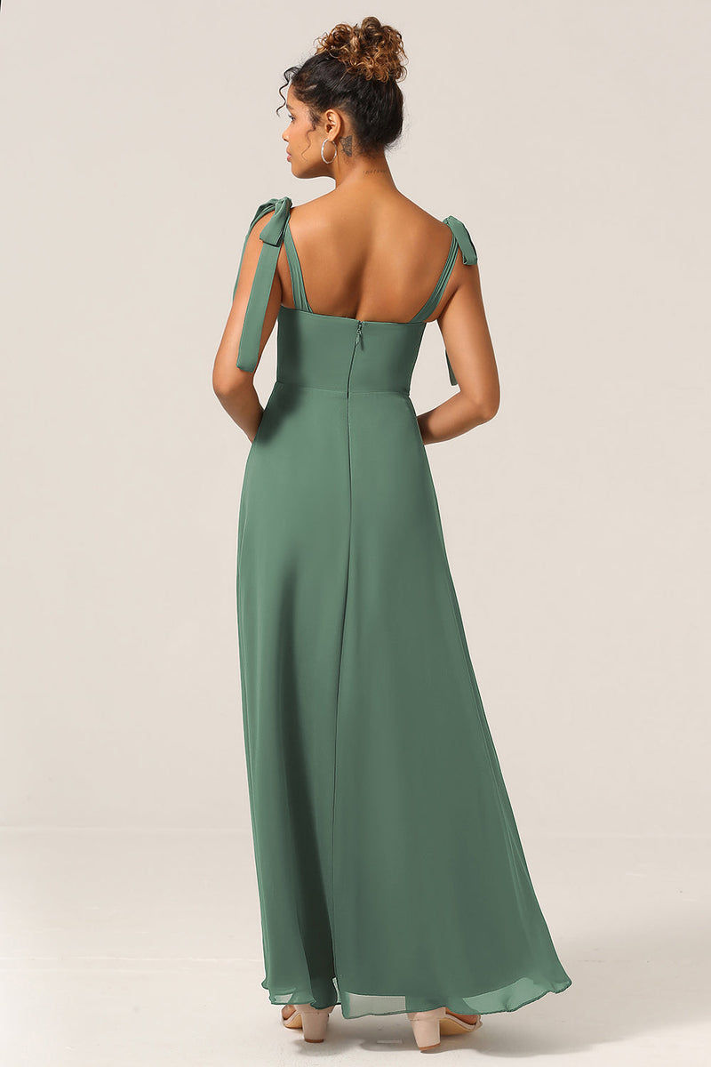 Load image into Gallery viewer, A Line Spaghetti Straps Eucalyptus Tie Straps Bridesmaid Dress With Slit