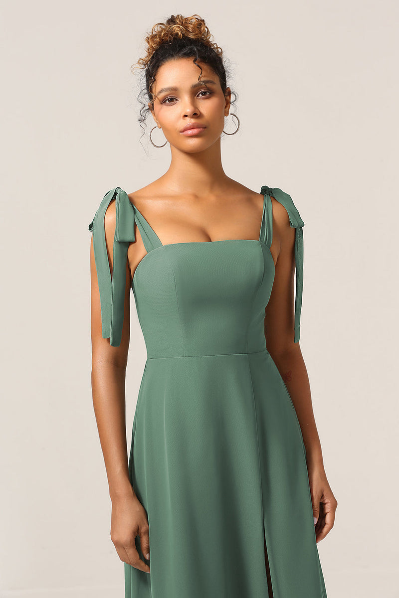 Load image into Gallery viewer, A Line Spaghetti Straps Eucalyptus Tie Straps Bridesmaid Dress With Slit