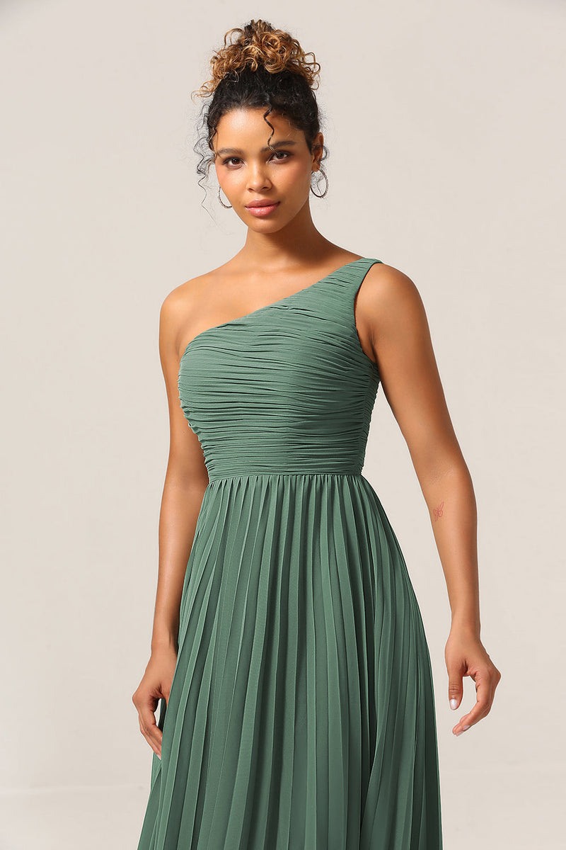 Load image into Gallery viewer, A Line One Shoulder Eucalyptus Long Bridesmaid Dress with Ruched