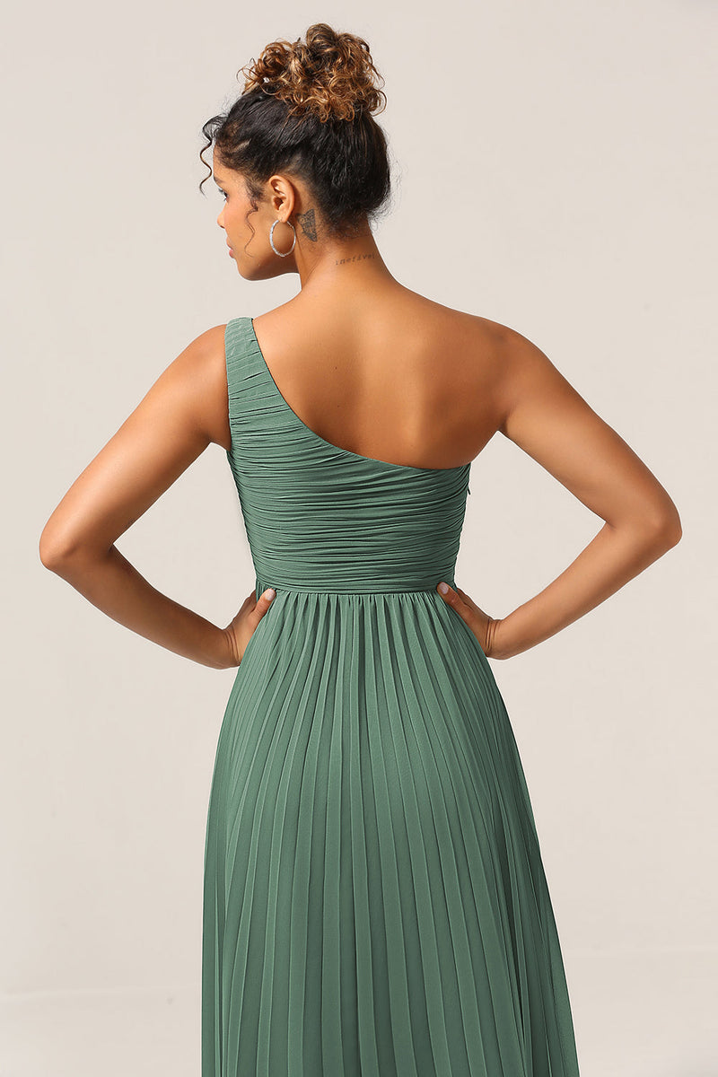 Load image into Gallery viewer, A Line One Shoulder Eucalyptus Long Bridesmaid Dress with Ruched