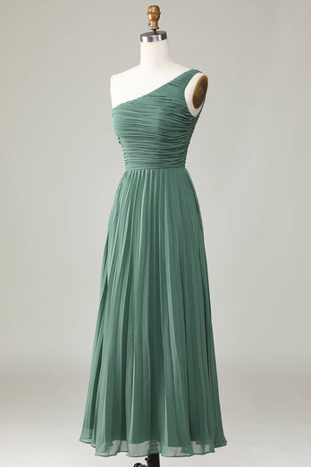 One Shoulder A Line Ruched Tea-Length Eucalyptus Bridesmaid Dress