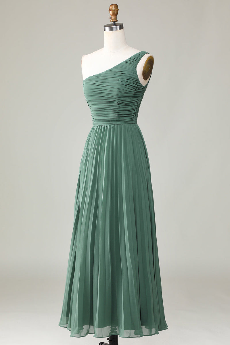 Load image into Gallery viewer, One Shoulder A Line Ruched Tea-Length Eucalyptus Bridesmaid Dress