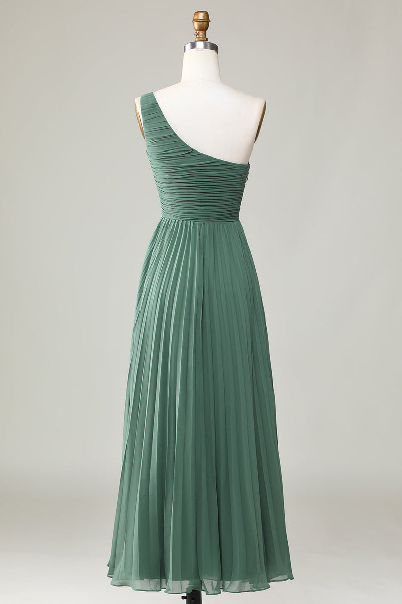 Load image into Gallery viewer, One Shoulder A Line Ruched Tea-Length Eucalyptus Bridesmaid Dress