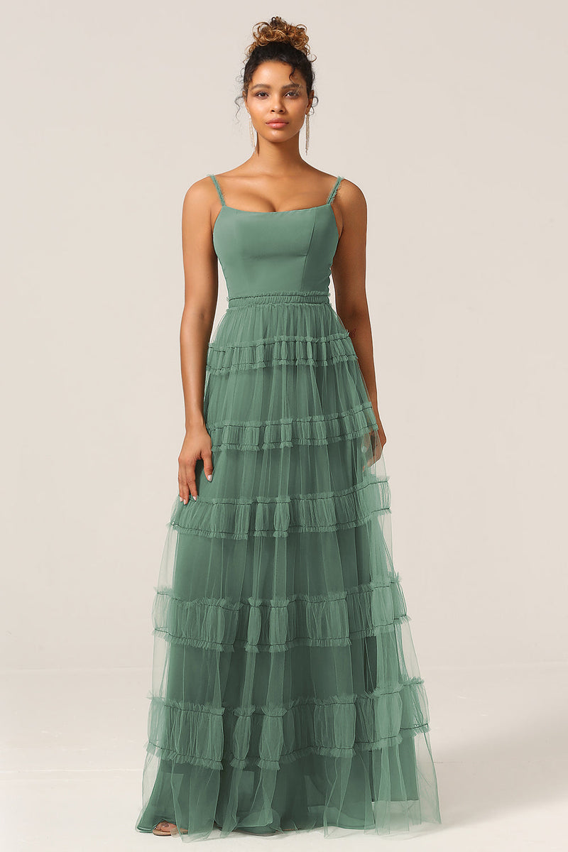 Load image into Gallery viewer, Gorgeous A Line Spaghetti Straps Eucalyptus Tulle Long Bridesmaid Dress