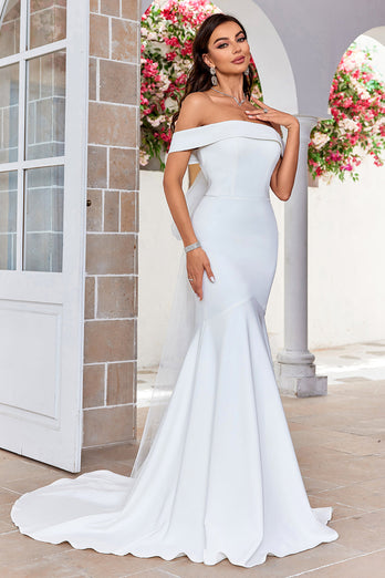 Off the Shoulder Satin Simple Mermaid Wedding Dress