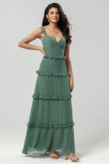 A Line Off the Shoulder Eucalyptus Long Bridesmaid Dress