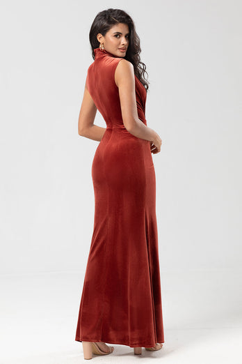 Sweetest Admirer Mermaid High Neck Terracotta Velvet Long Bridesmaid Dress