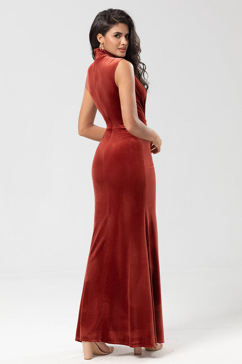 Load image into Gallery viewer, Sweetest Admirer Mermaid High Neck Terracotta Velvet Long Bridesmaid Dress