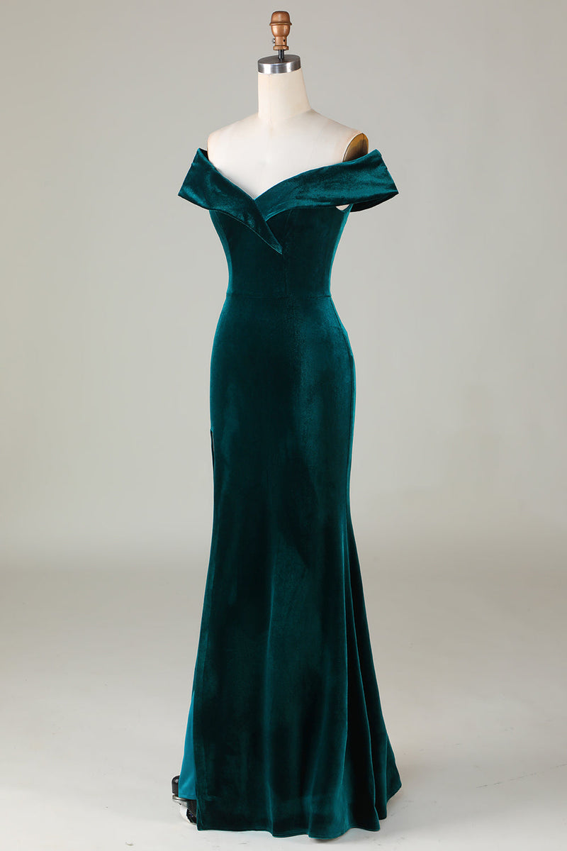 Load image into Gallery viewer, Off the Shoulder Peacock Green Velvet Mermaid Bridesmaid Dress With Slit