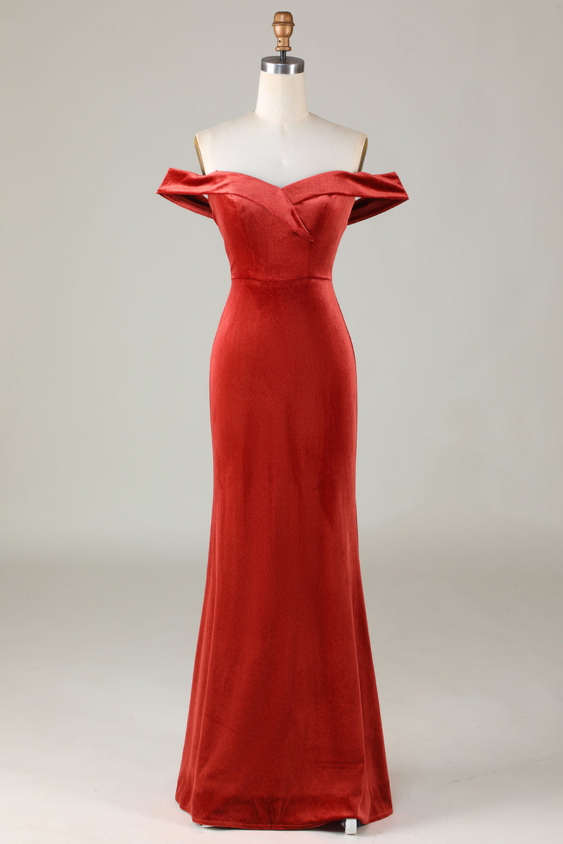 Load image into Gallery viewer, Velvet Off The Shoulder Terracotta Bridesmaid Dress