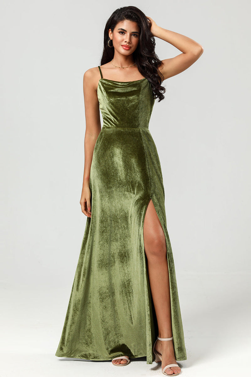 Load image into Gallery viewer, Velvet A Line Green Bridesmaid Dress with Slit