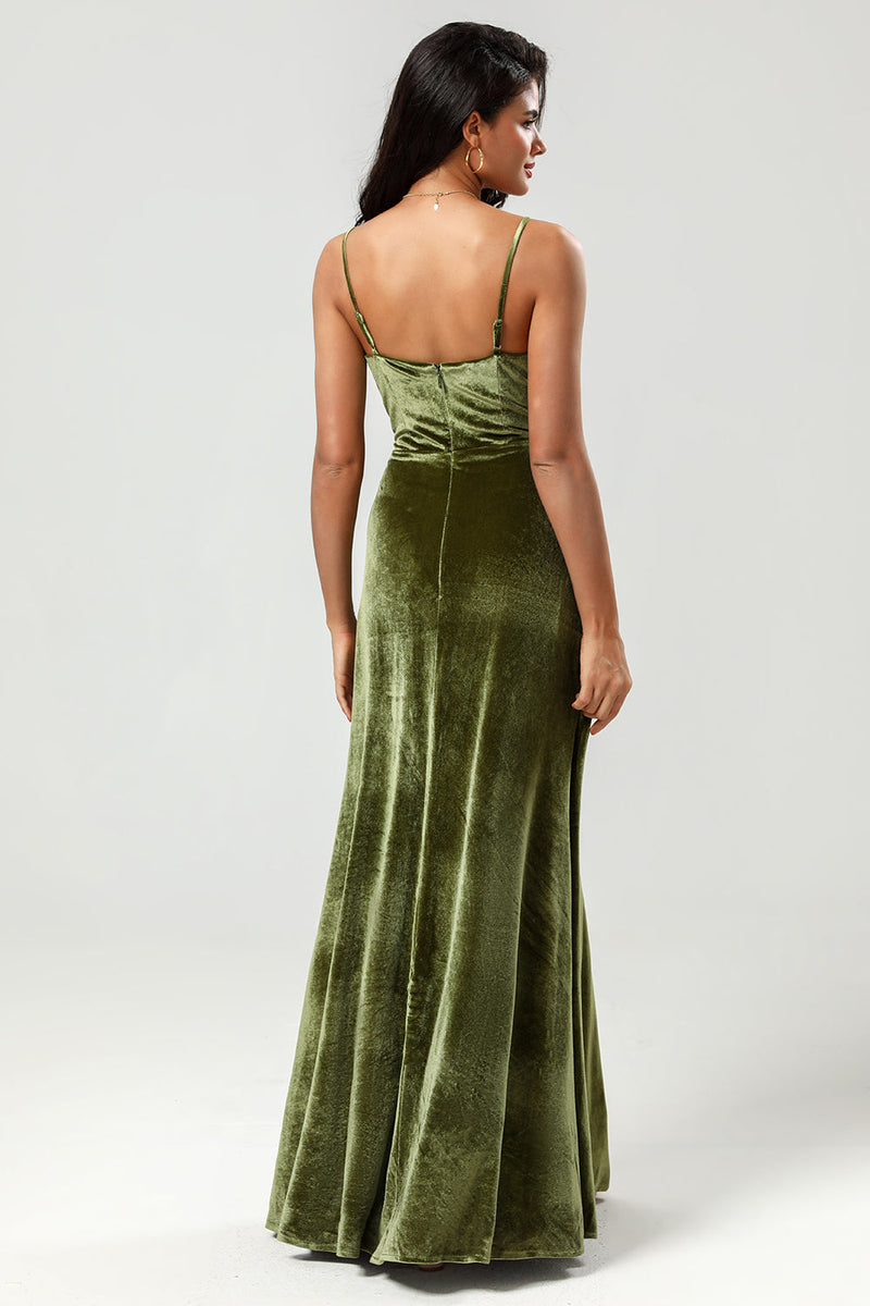 Load image into Gallery viewer, Velvet A Line Green Bridesmaid Dress with Slit