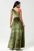 Load image into Gallery viewer, One Shoulder A Line Velvet Green Bridesmaid Dress with Slit