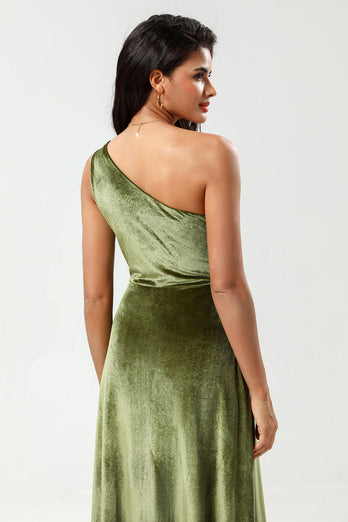 One Shoulder A Line Velvet Green Bridesmaid Dress with Slit