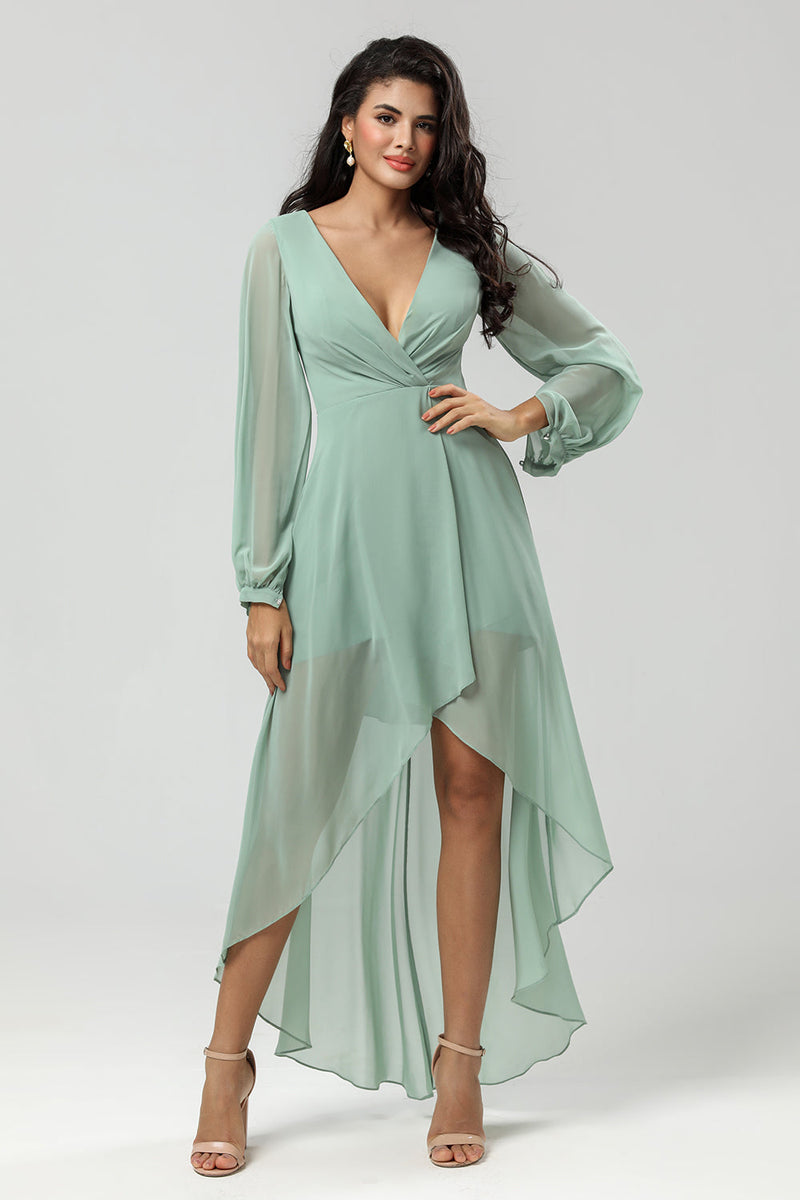 Load image into Gallery viewer, High-low Chiffon A Line Green Bridesmaid Dress with Long Sleeves