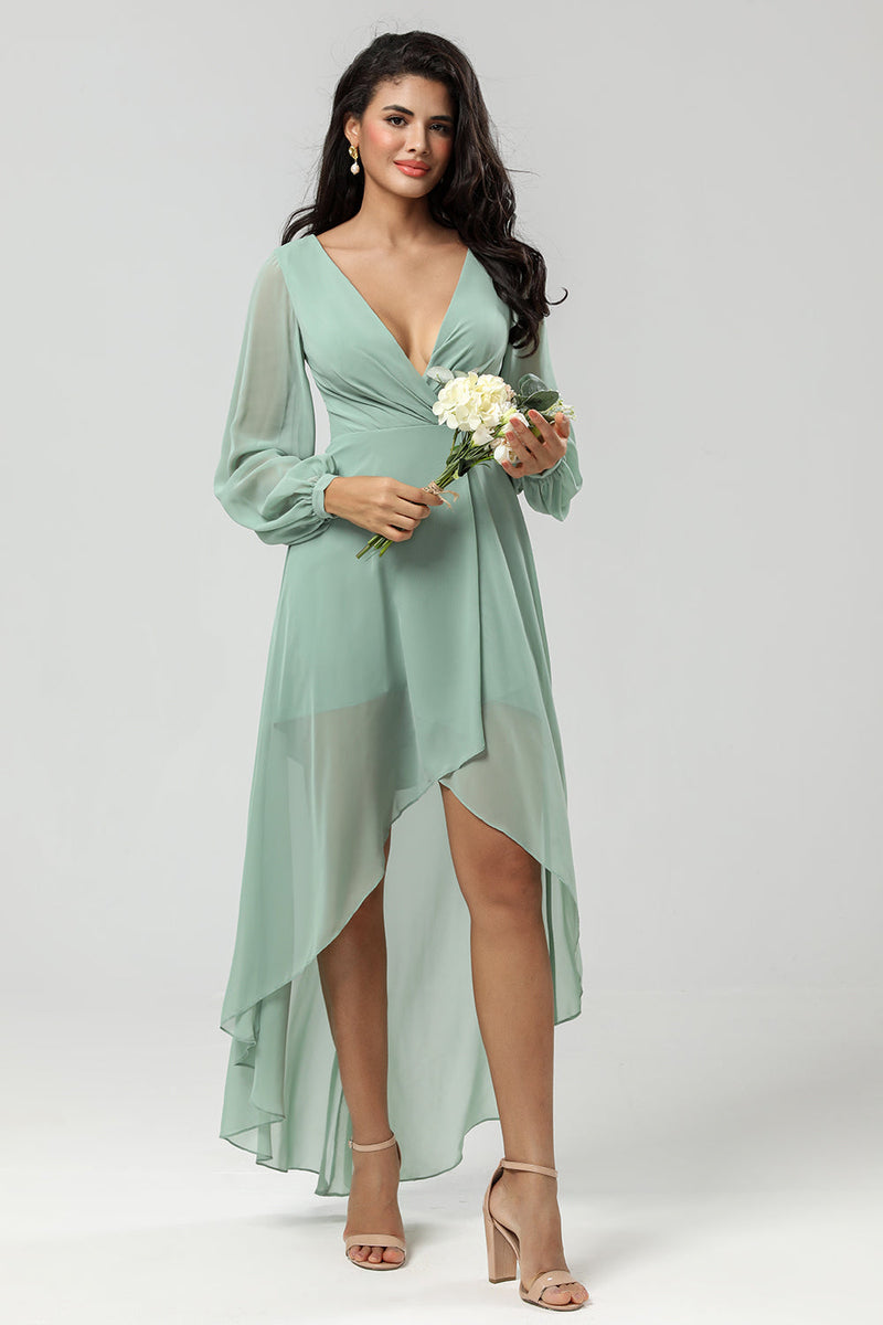 Load image into Gallery viewer, High-low Chiffon A Line Green Bridesmaid Dress with Long Sleeves