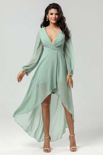 High-low Chiffon A Line Green Bridesmaid Dress with Long Sleeves