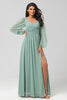 Load image into Gallery viewer, A Line Green Long Sleeves Bridesmaid Dress with Slit