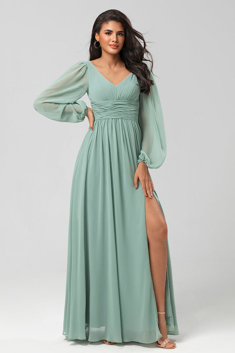 Load image into Gallery viewer, A Line Green Long Sleeves Bridesmaid Dress with Slit