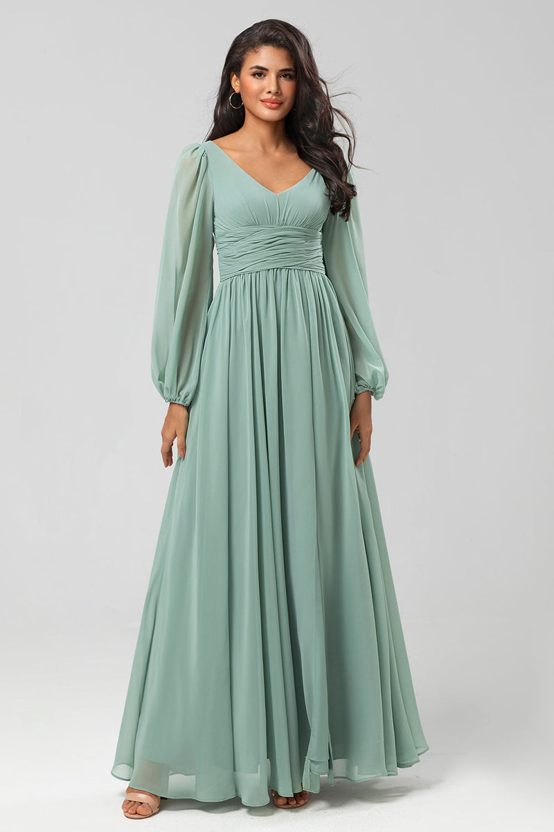 Load image into Gallery viewer, A Line Green Long Sleeves Bridesmaid Dress with Slit