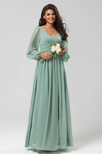 A Line Green Long Sleeves Bridesmaid Dress with Slit