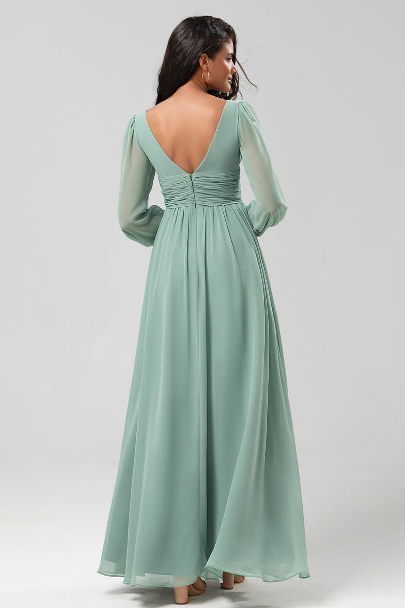 Load image into Gallery viewer, A Line Green Long Sleeves Bridesmaid Dress with Slit