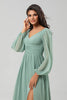 Load image into Gallery viewer, A Line Green Long Sleeves Bridesmaid Dress with Slit