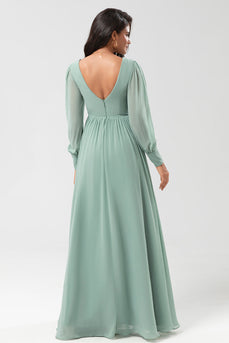 Chiffon A Line Long Sleeves Bridesmaid Dress with Buttons