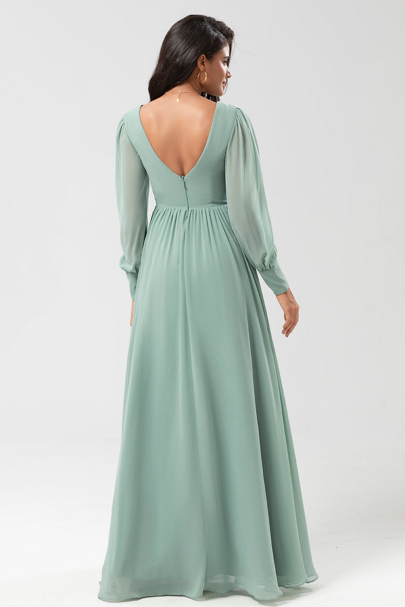 Load image into Gallery viewer, Chiffon A Line Long Sleeves Bridesmaid Dress with Buttons