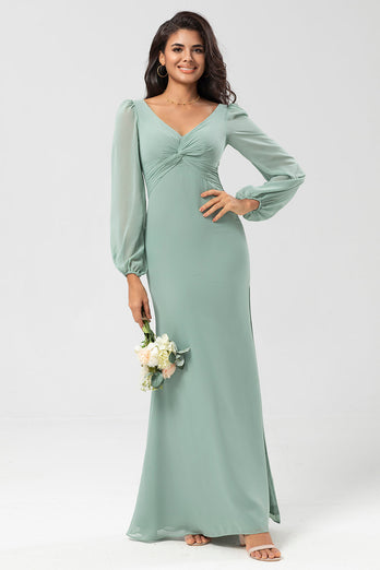 Long Sleeves Green Bridesmaid Dress with Slit