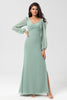 Load image into Gallery viewer, Long Sleeves Green Bridesmaid Dress with Slit