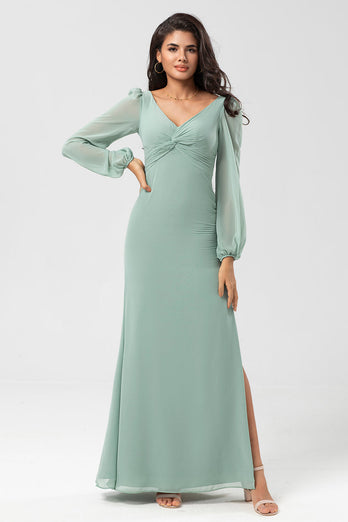 Long Sleeves Green Bridesmaid Dress with Slit